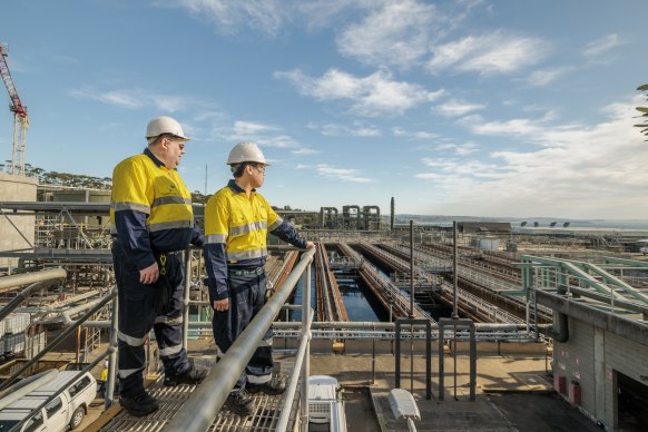 North Head Water Resource Recovery Facility is boosting production of biosolids to 70 tonnes per day, with an upgrade managed by Ian Blair (left) and Kelvin Chow (right).