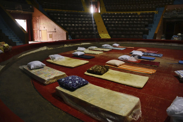 Mattresses line the floor of the Zaporizhzhia Circus ring.