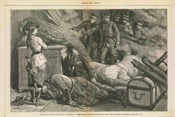 An example of Kate Kelly’s fame: An engraving of Kelly (left) for a story about Australian bandits that appeared in French newspaper Journal des Voyages in 1883. 