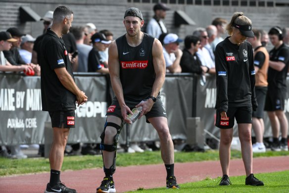 Collingwood’s injured recruit Dan McStay at training before the grand final.
