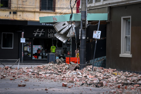 A damaged building on Chapel Street after the 5.9 magnitude earthquake on Wednesday morning.
