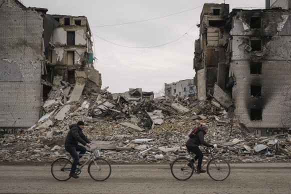 Destroyed apartment buildings in the Ukrainian city of Borodyanka following the Russian invasion.