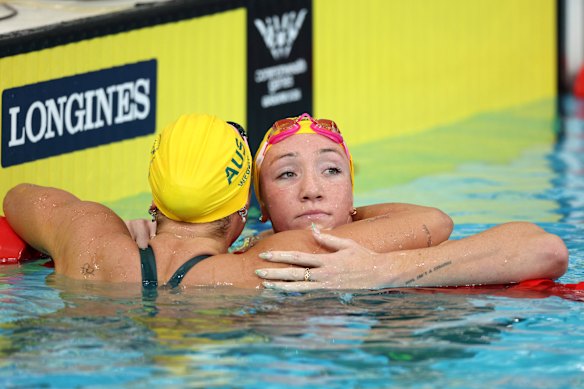 Lani Pallister is embraced by Amelia Weber after winning gold.