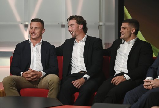Gold, silver, bronze ... Dally M winner Jack Wighton, runner-up Clint Gutherson and third placegetter Nathan Cleary.