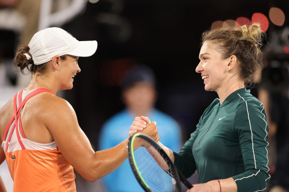 Barty and Simona Halep after Friday’s hitout in Adelaide.