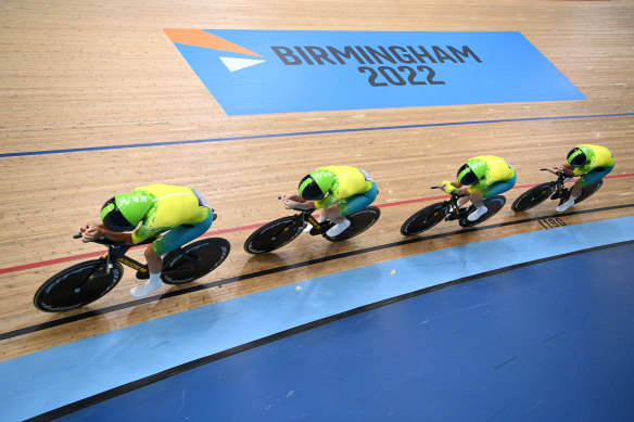 Australia’s gold-winning pursuit quartet of Georgia Baker, Sophie Edwards, Chloe Moran and Maeve Plouffe.