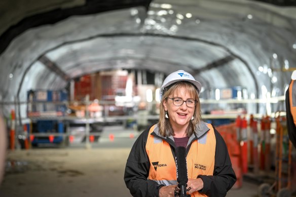 Jacinta Allan at the Metro Tunnel project site in Parkville in April.