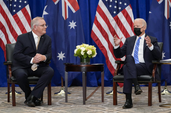 Prime Minister Scott Morrison talks to US President Joe Biden during his recent trip.