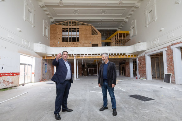 Hepburn Shire chief executive Bradley Thomas (left) and mayor Tim Drylie inside The Rex in Daylesford. 