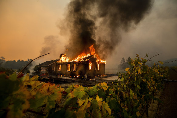 Vines surround a burning building as the Kincade Fire burns through the Jimtown community.