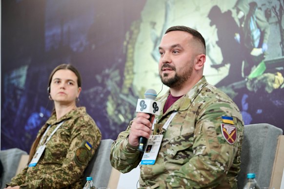 Air defence officer Artem Skurativskyi (right), a colonel in the Armed Forces of Ukraine, speaks at the Yalta European Strategy conference in Kyiv on Saturday (Ukrainian time). 