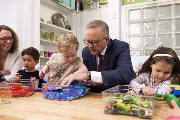 Prime Minister Anthony Albanese at Manuka Childcare Centre in Canberra on Thursday.