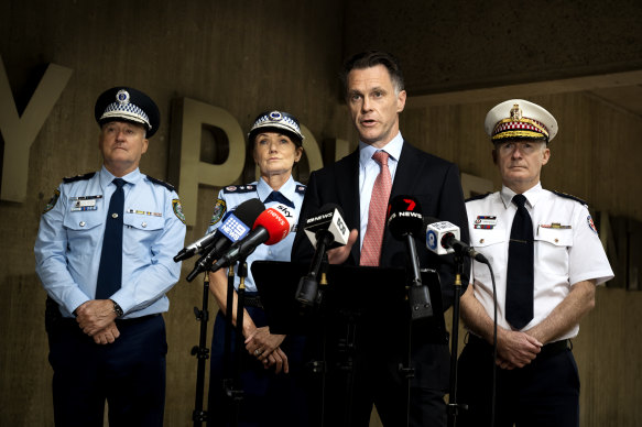 Chris Minns speaks outside Surry Hills Police Centre. 