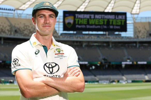 Pat Cummins at Perth Stadium on Wednesday ahead of the first Test against Pakistan.