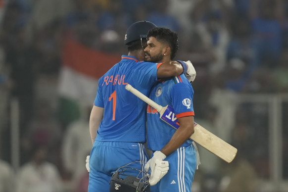 India’s Shreyas Iyer, right, and India’s KL Rahul celebrate their win.