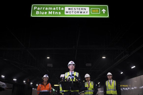 NSW Premier Dominic Perrottet addresses the media in the M4-M5 Link tunnel.