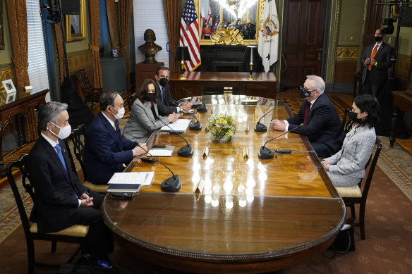 Prime Minister Scott Morrison, top right, also met with US Vice-President Kamala Harris and Japanese President Yoshihide Suga, second from left.