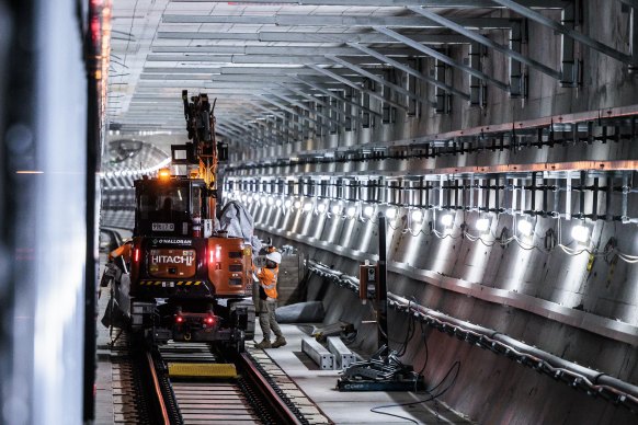 Workers in rail tunnels at North Sydney for Sydney’s City and Southwest metro rail line.