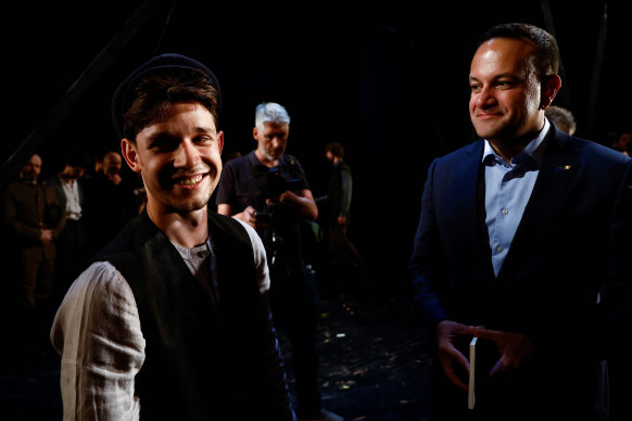 Ireland’s Prime Minister, Leo Varadkar, meets actor Oleksandr Hrekov as he visits Lesya Ukrainka Theatre in Kyiv in July.