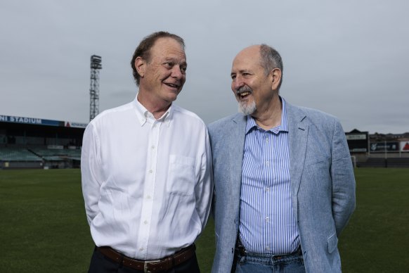 Former Australian footballer Rene Colusso and Berti Mariani at Marconi Stadium.