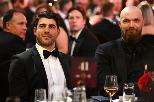 Melbourne leaders Max Gawn (right) and Christian Petracca (left) at this year’s Brownlow Medal count. 