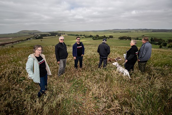 Wallan and Beveridge residents (from left) Skye Forster, Rob Eldridge, James Cisco, Mike Phillips, Gayle Phillips and Gazza Sturdy overlook the site of a future quarry.  