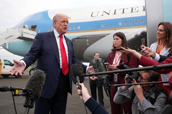 Donald Trump speaks to reporters in Scotland on Friday.
