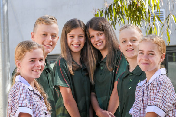 Identical twins from front: Maddie and Dakota Macpherson, Billy and Zack Loci and Charlotte and Ruby Phillpotts.