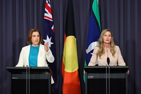 eSafety Commissioner Julie Inman Grant, pictured with Communications Minister Anika Wells (left) at a press conference in November, said platforms weren’t assessed based on the harms they pose to children, but whether their “sole or significant purpose” is social interaction, which is why Roblox, for example, isn’t included despite safety concerns.