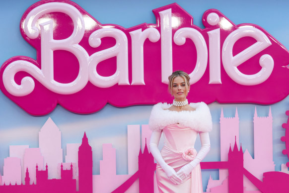 Margot Robbie at the European premiere of “Barbie” in London. The film’s protagonist is still a very white, very thin sex symbol whose wardrobe is very pink.