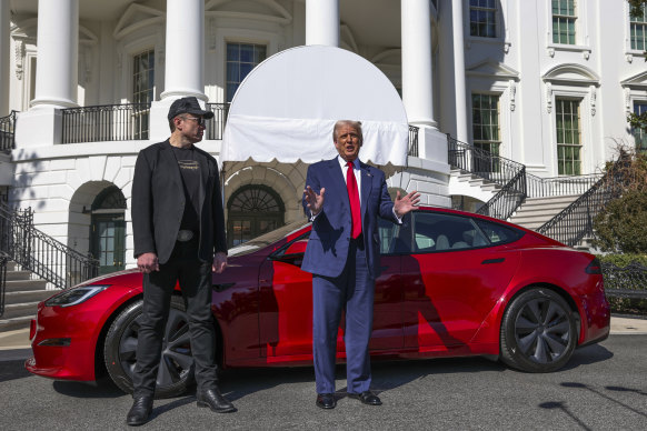 Donald Trump advertised Teslas in a photo opportunity outside the White House with Elon Musk in March.