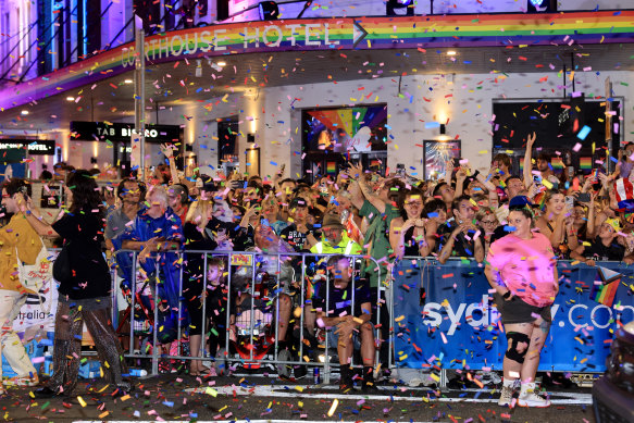 The crowd look on during the 2024 Sydney Gay and Lesbian Mardi Gras.