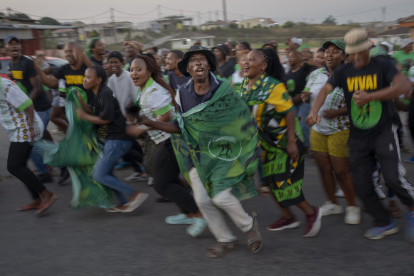 MK Party supporters celebrate in Mahlbnathini village in rural KwaZulu-Natal, South Africa.