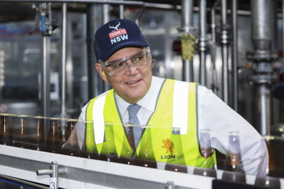 Prime Minister Scott Morrison touring the Tooheys brewery in Lidcombe on Thursday.