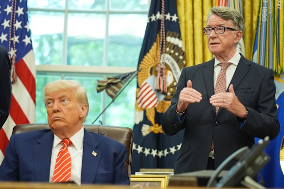 Donald Trump listens to Britain’s ambassador to the US, Peter Mandelson, in the Oval Office.