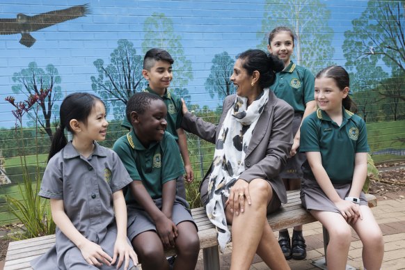 Principal Manisha Gazula with students at Marsden Road Public School in Liverpool.