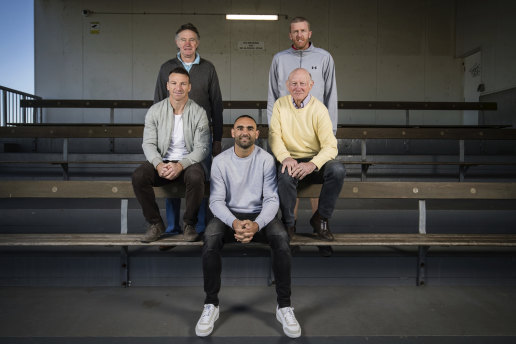 The 400 club: from left, Brent Harvey, Michael Tuck, Shaun Burgoyne, Kevin Bartlett and Dustin Fletcher. Photo DIGITALLY ALTERED.