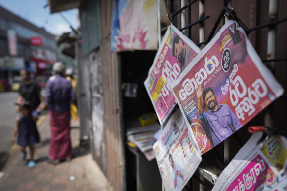 Newspapers with headlines about the new president-elect Marxist MP Anura Kumara Dissanayake on display in Colombo, Sri Lanka,.