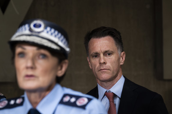 Police Commissioner Karen Webb and Premier Chris Minns at a press conference on Tuesday morning in Surry Hills.