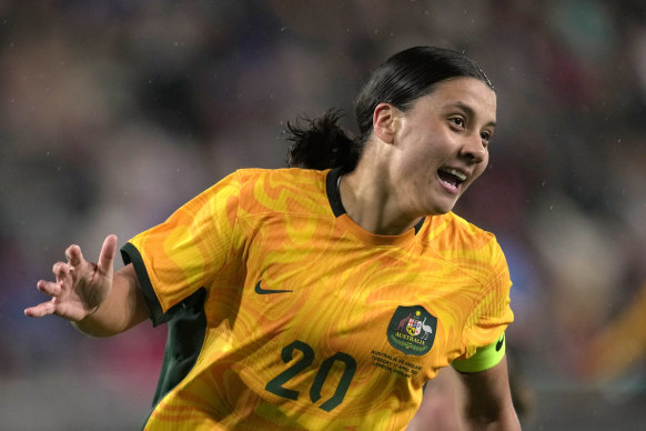 Sam Kerr celebrates her first-half strike in west London.