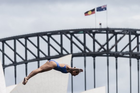 Rhiannan Iffland during practice for the final of the Red Bull Cliff Diving World Series.