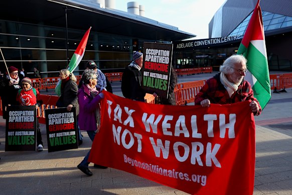Protesters have gathered outside the 50th Labor Party conference in Adelaide.