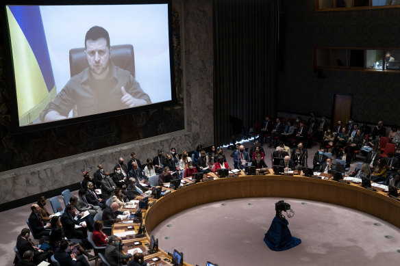 Ukrainian President Volodymyr Zelensky speaks via remote feed during a meeting of the UN Security Council.