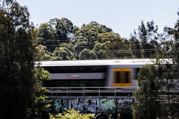 A train running through Turella, near where there is a large industrial park.