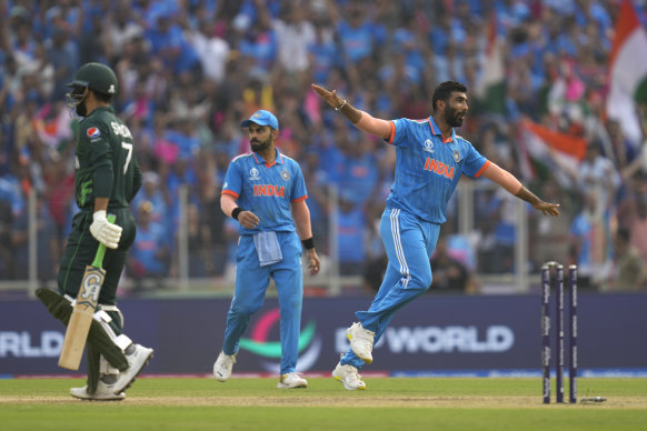 India’s Jasprit Bumrah celebrates the wicket of Pakistan’s Shadab Khan.