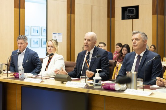 From left: Nine CEO Mike Sneesby; Beverley McGarvey, Paramount Executive Vice President; Greg Hywood, Free TV Australia chair; and former Seven West Media CEO James Warburton during a hearing in Canberra in February.