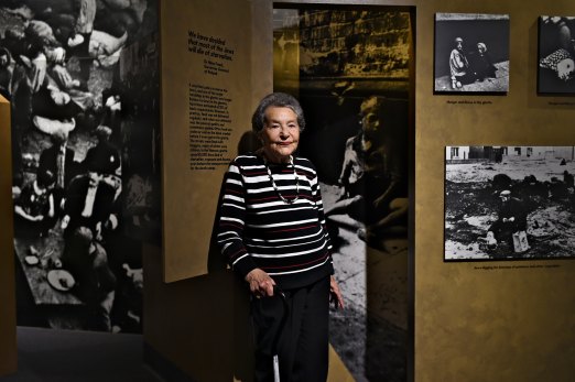 Lotte Weiss at the Jewish Museum in Sydney to commemorate the 70th Anniversary of the Liberation of Auschwitz, 2015.