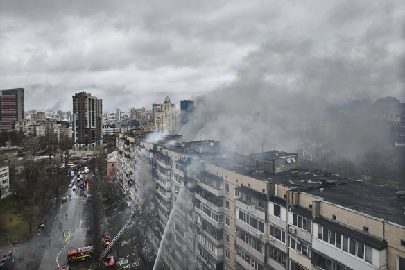 War again has come to Europe. This image shows a drone view of a building damaged by Russia in the centre of Kyiv.