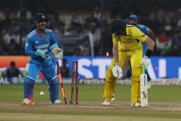 Marnus Labuschagne is bowled by Ravichandran Ashwin during the second one-day international between India and Australia in Indore.