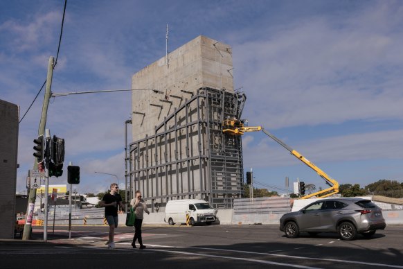 The new smoke stack being constructed on Victoria Road in Rozelle.